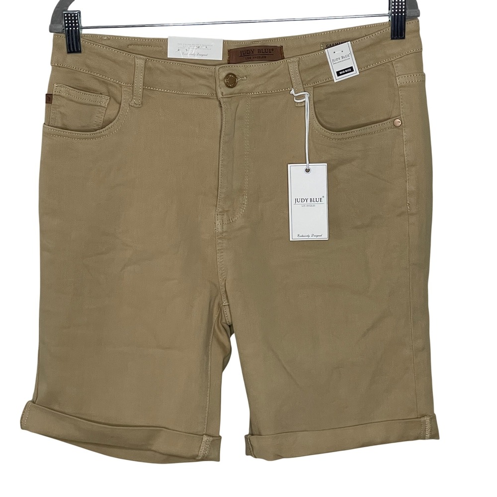 Judy Blue Khaki Tan Garment Dyed Mid Rise Cuffed Denim Shorts XL New
